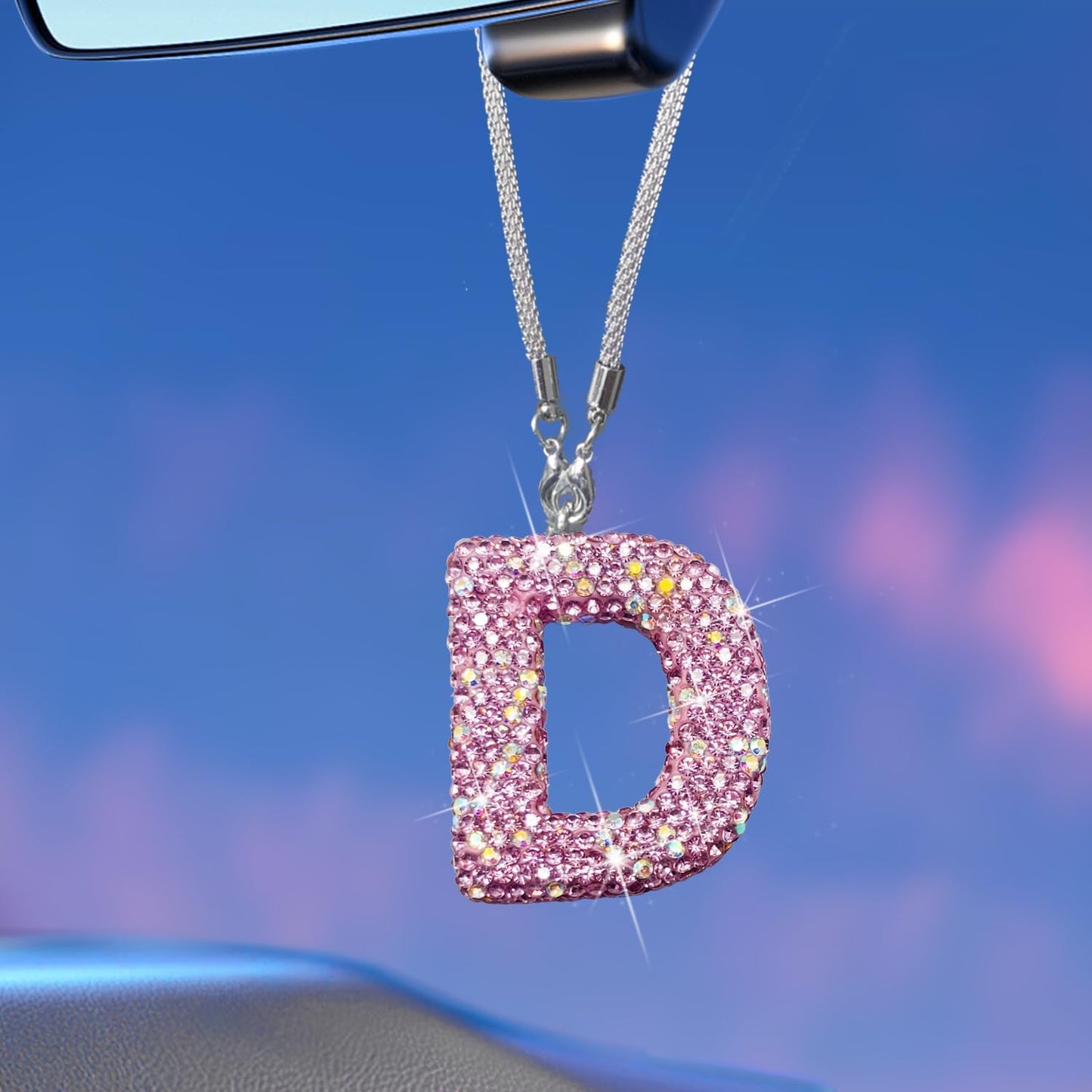 Espejo retrovisor coche con dije rosa y cristal decorativo