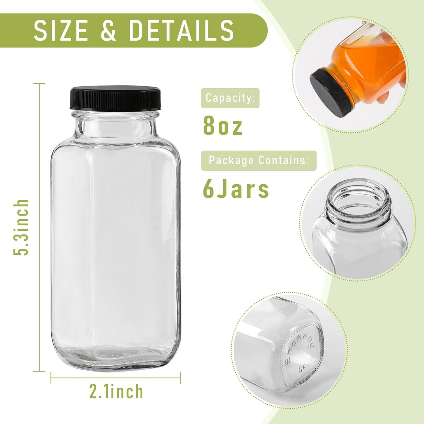 6 Botellas Vidrio 8oz con Tapas Reutilizables para Jugo Agua