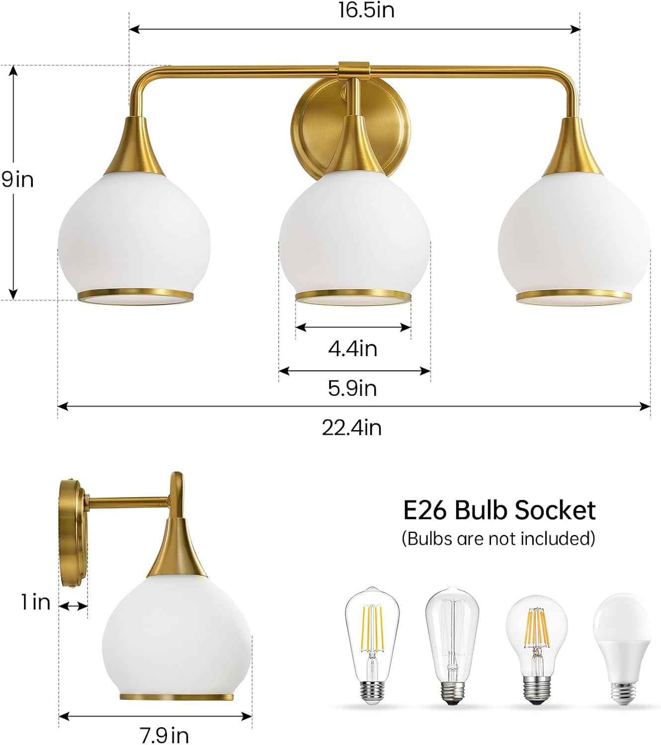 Lámpara baño oro cepillado 3 luces vidrio blanco 22pulg