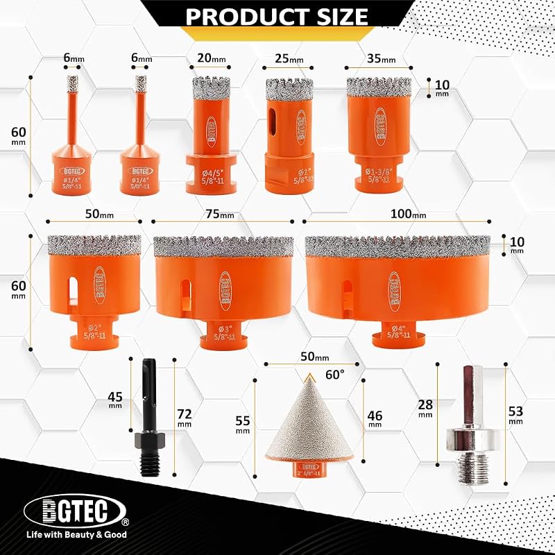 Set 11 Brocas Diamante 5/8-11 Rosca SDS/HEX para Azulejos