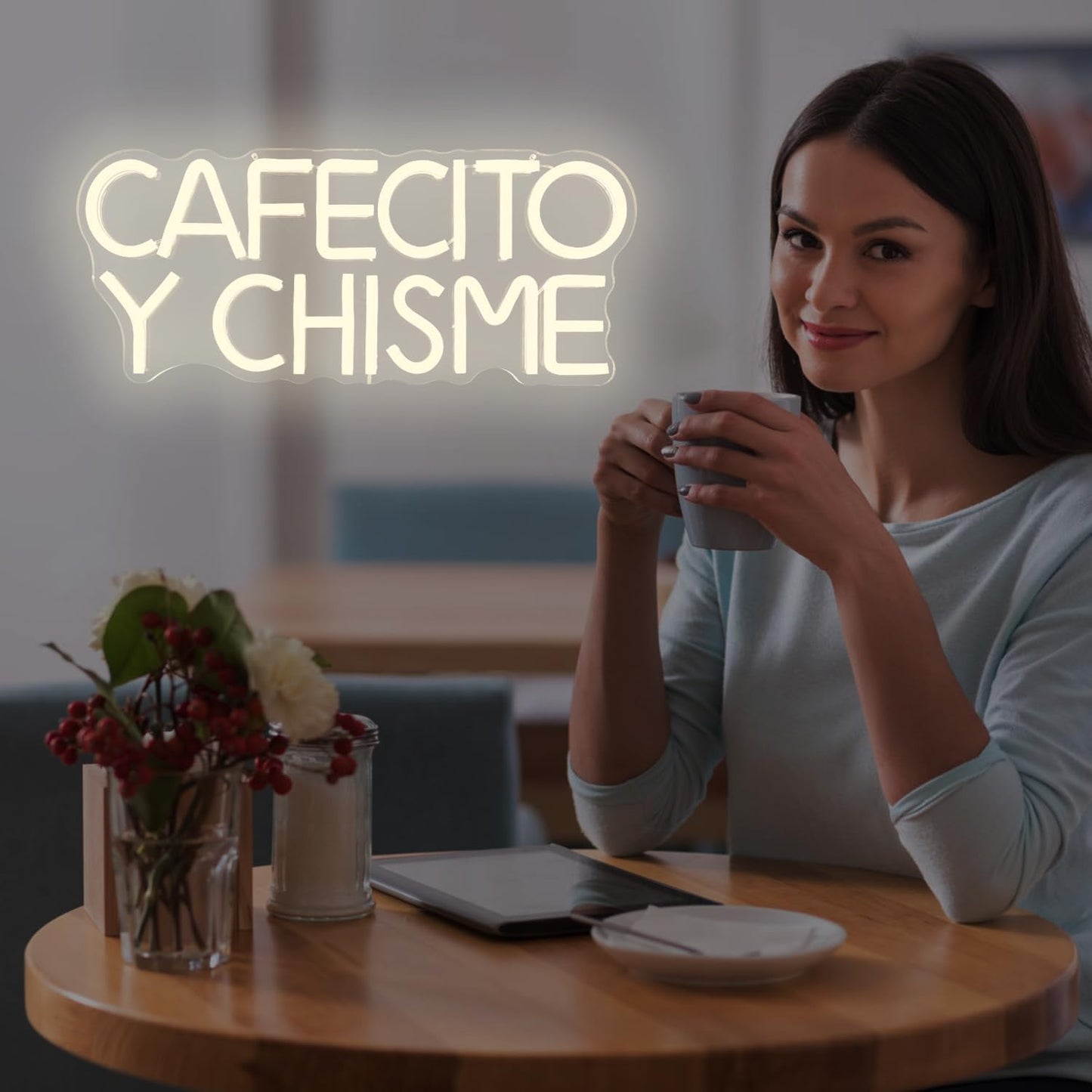 Cartel neón Cafecito Y Chisme decoración dormitorio