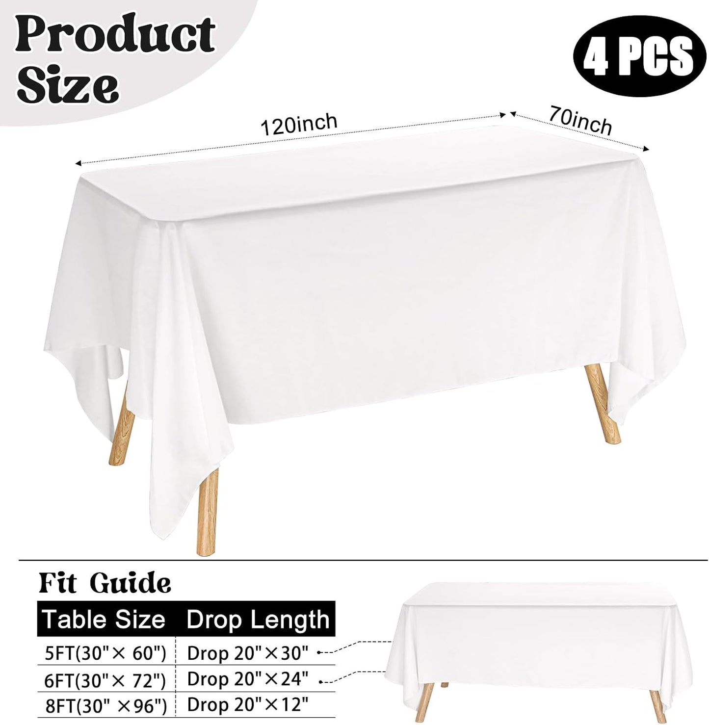 4 Manteles Rectangulares 70x120pulg Poliéster Lavables Bodas