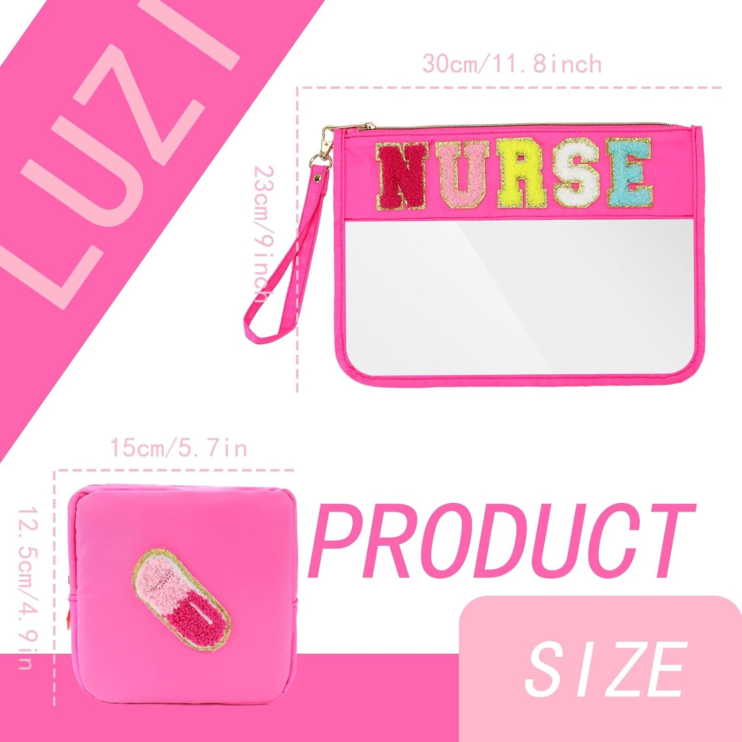 2 bolsas maquillaje PVC transparente con asas y parche chenilla