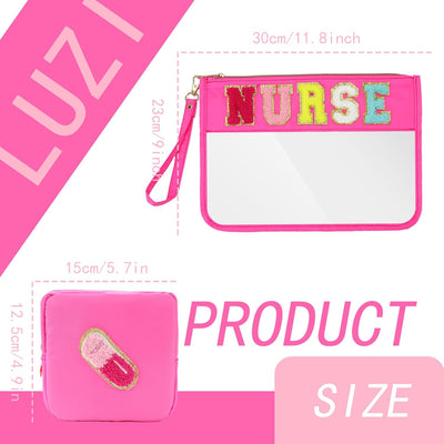 2 bolsas maquillaje PVC transparente con asas y parche chenilla