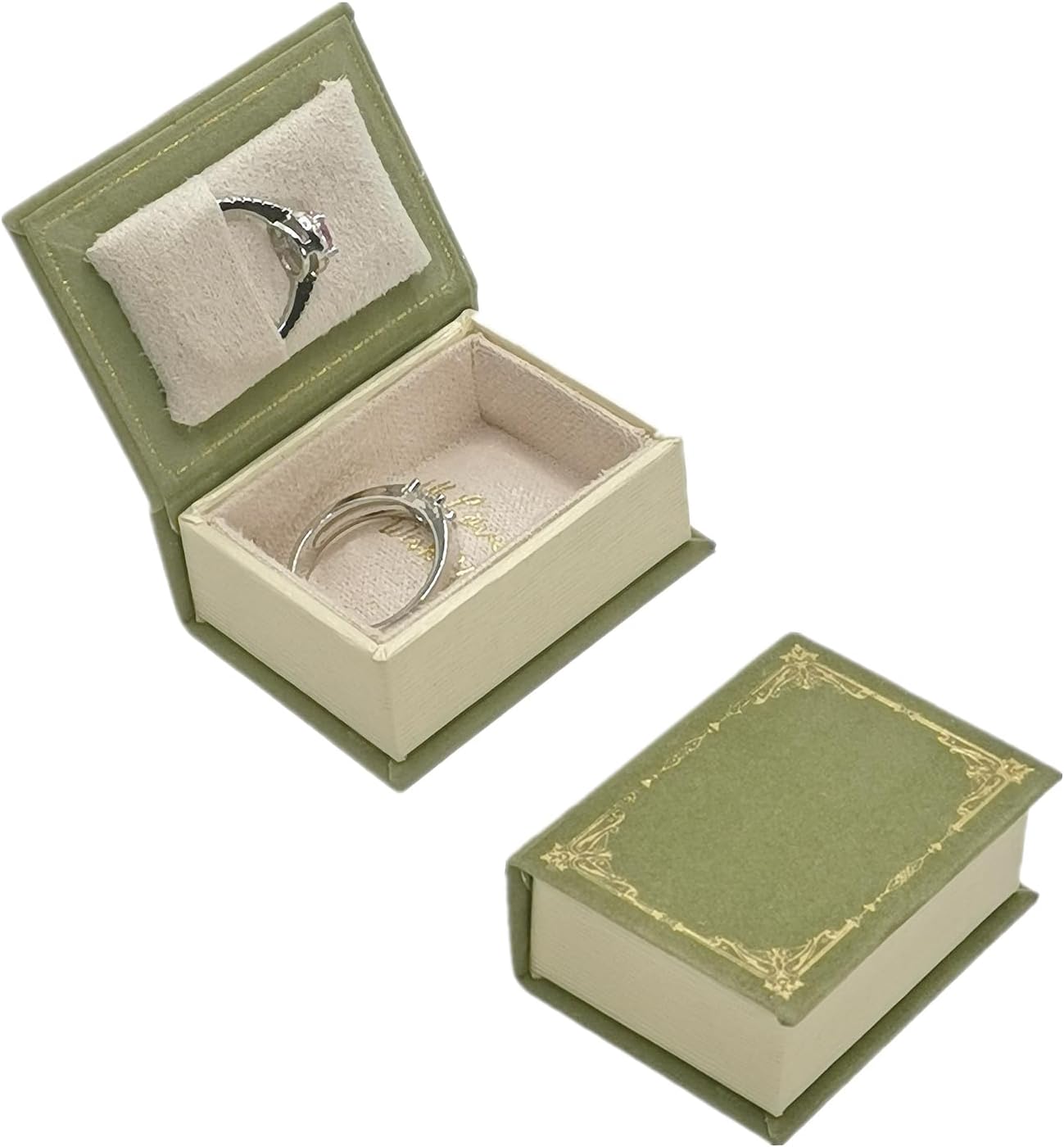 Caja anillo terciopelo vintage con bisagras verde