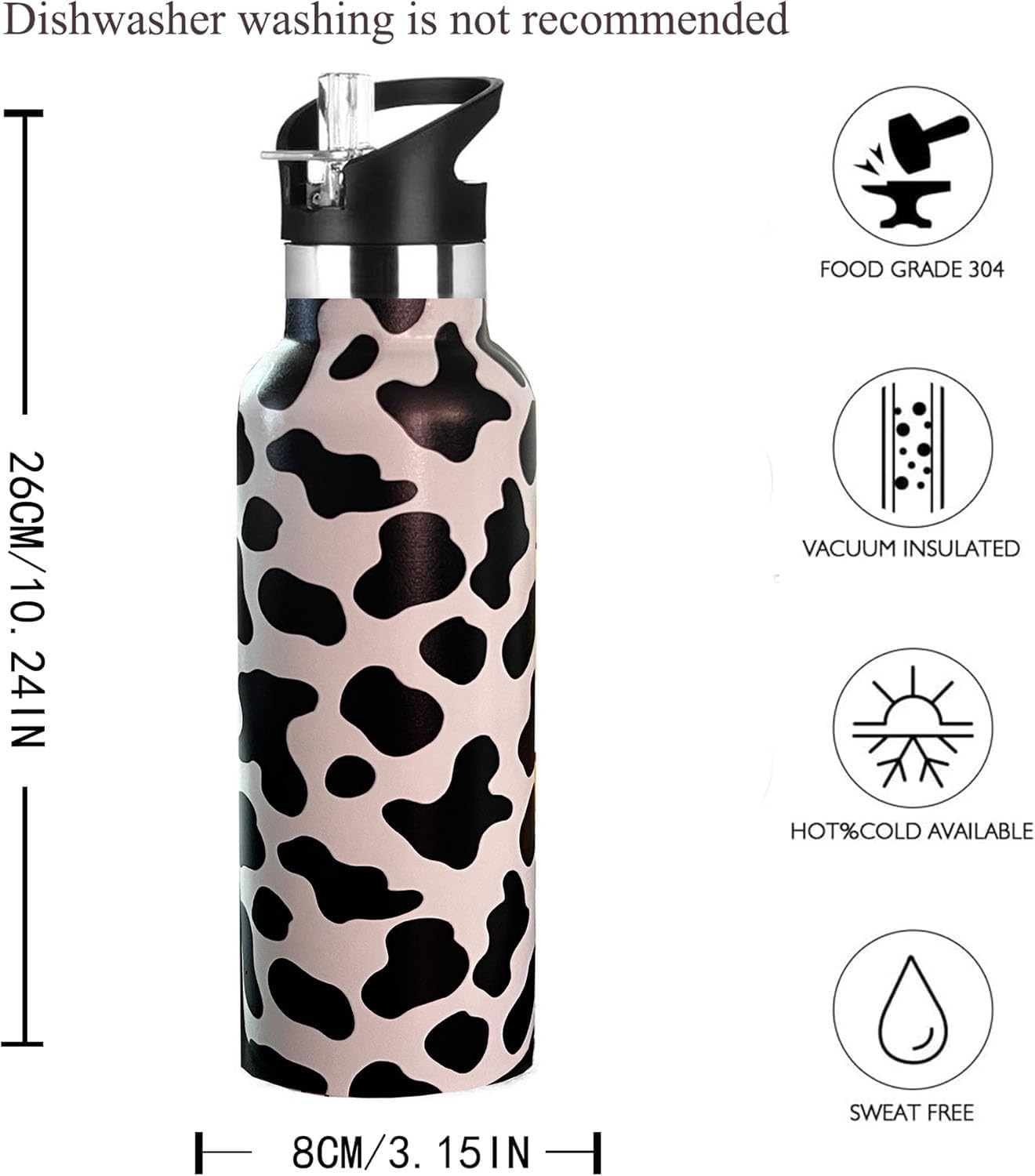 Botella agua niños popote acero inox 20oz estampado vaca