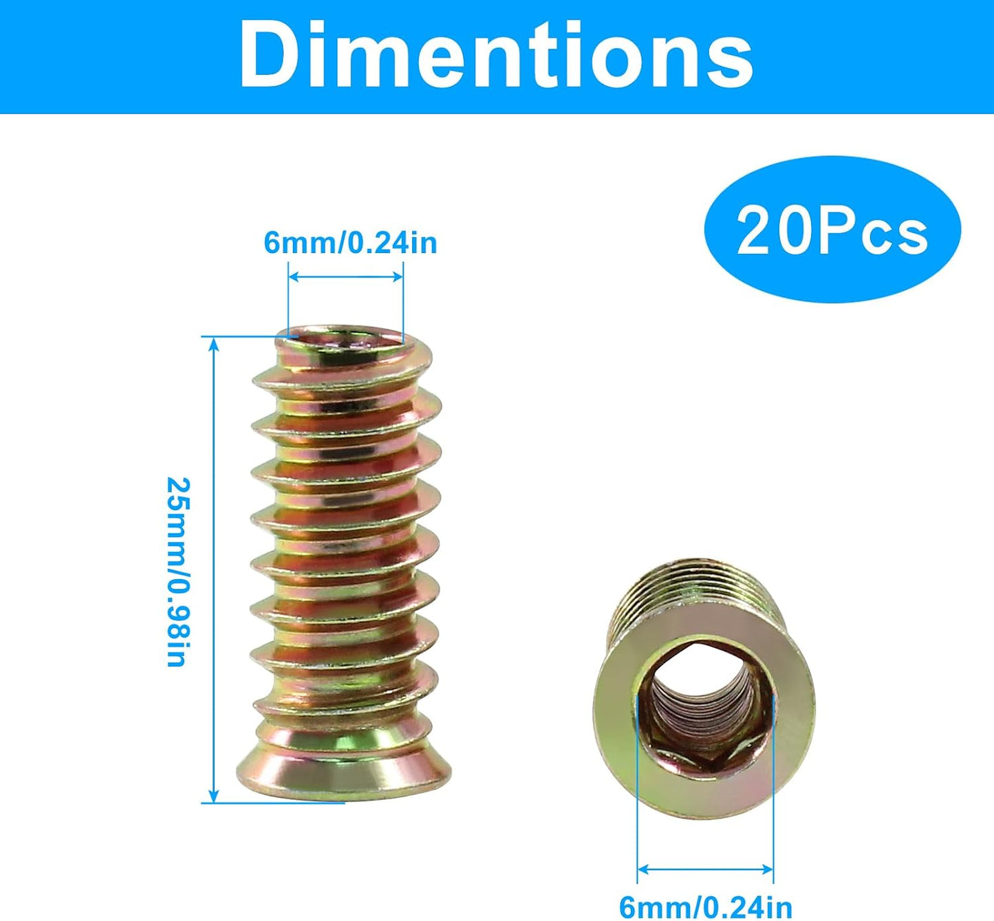 20 Pzas insertos roscados M6x25mm para muebles