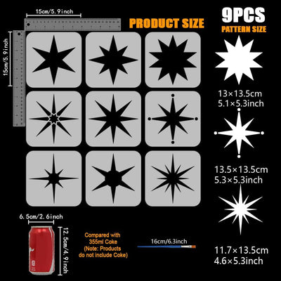 9 Plantillas Estrellas 5.9x5.9" Pincel Plástico Pintar