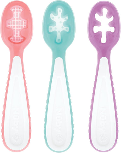 Set 3 cucharas bebé 6+ meses mango agarre fácil rosa aguamarina