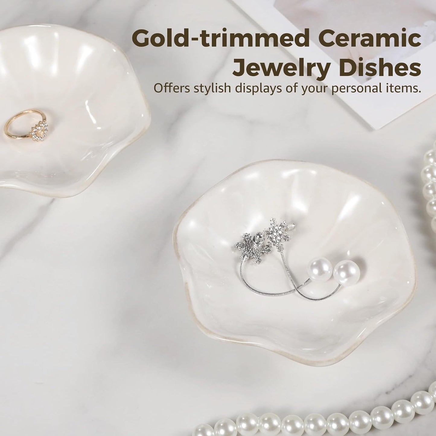 6 Platos Cerámica Blanca para Joyas con Adornos Dorados