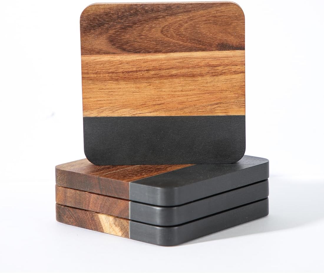 4 Pzas Posavasos Cuadrados Madera Acacia y Mármol Negro