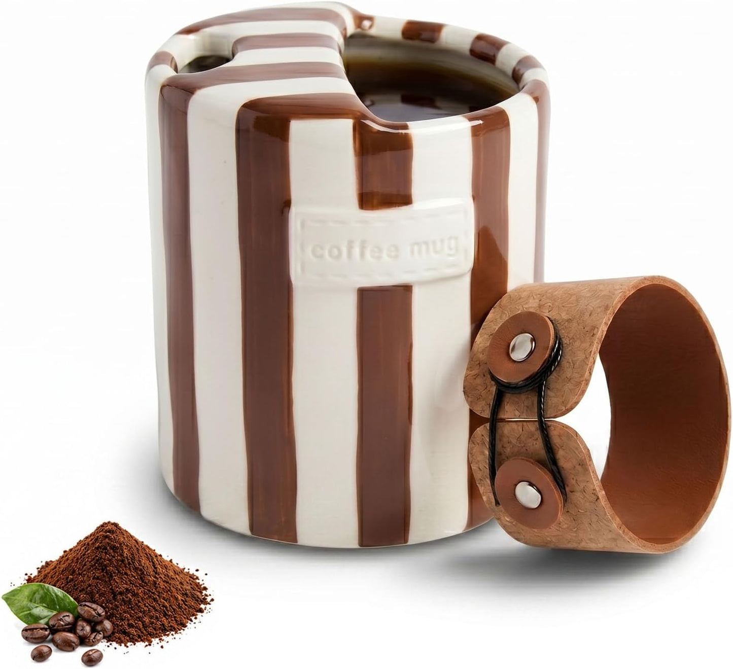 Taza café cerámica con orificio funda cuero arte retro