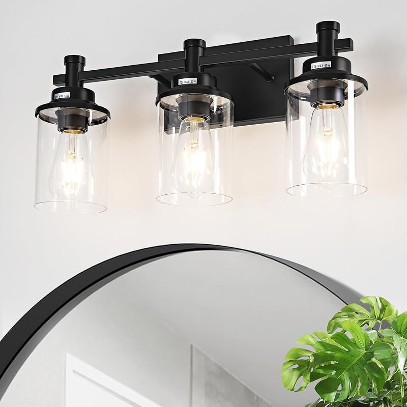 Lámpara baño 3 luces moderna negra vidrio y metal