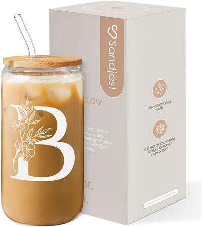 Taza vidrio con monograma B 16oz tapa pajita regalo mujer