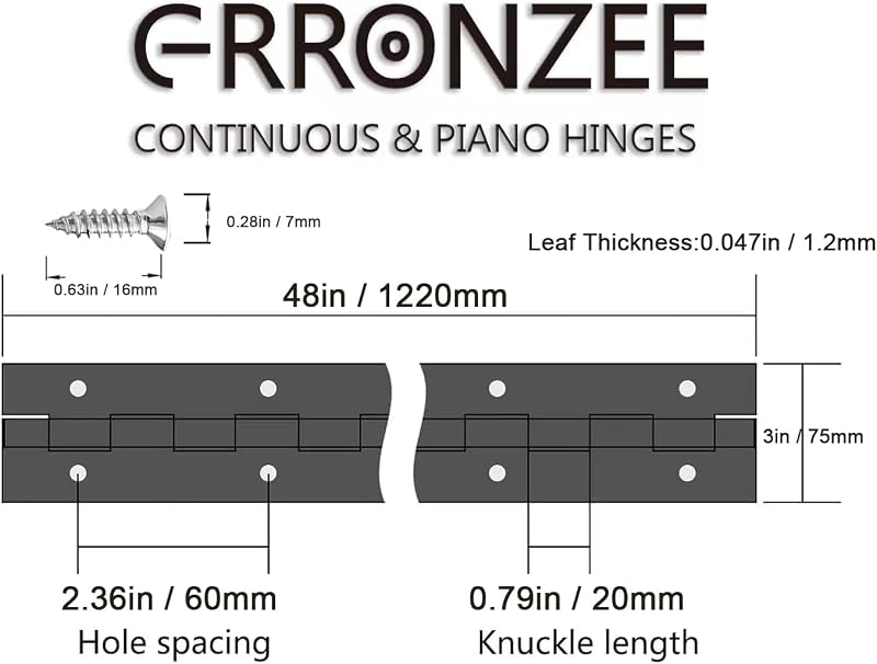 Bisagra piano acero inox 48x3" para gabinete puerta