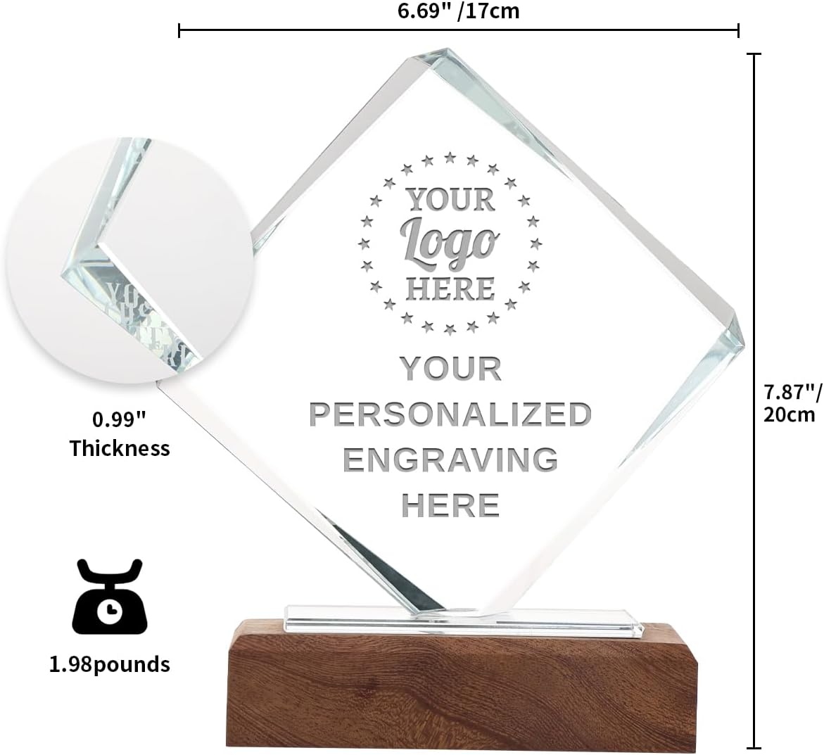 Trofeo cristal personalizado con base madera placas grabadas