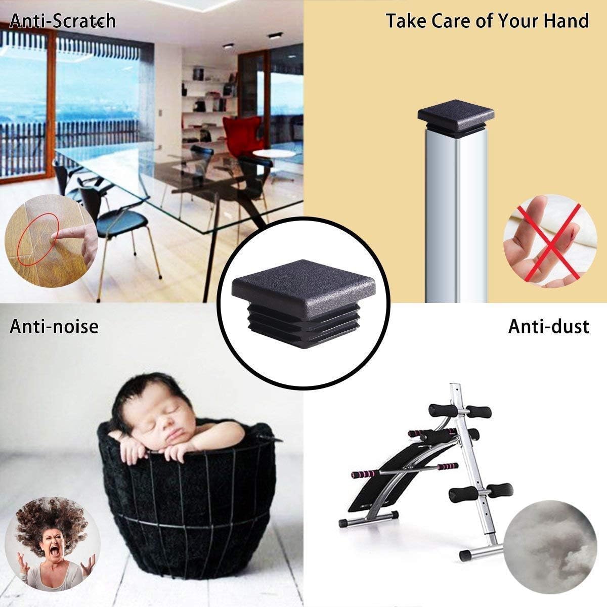 Tapones cuadrados plástico 3pulg para silla suelo negro 8 pzas
