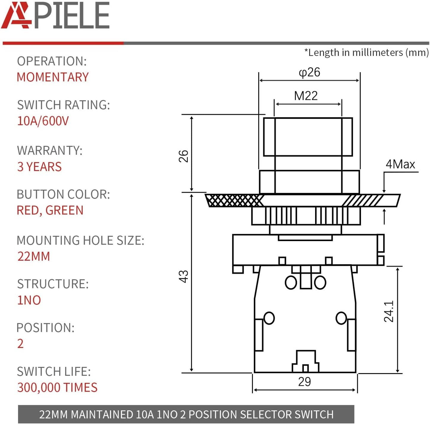 2 Pzas Interruptor selector 22mm 1NO LA139A-ED41