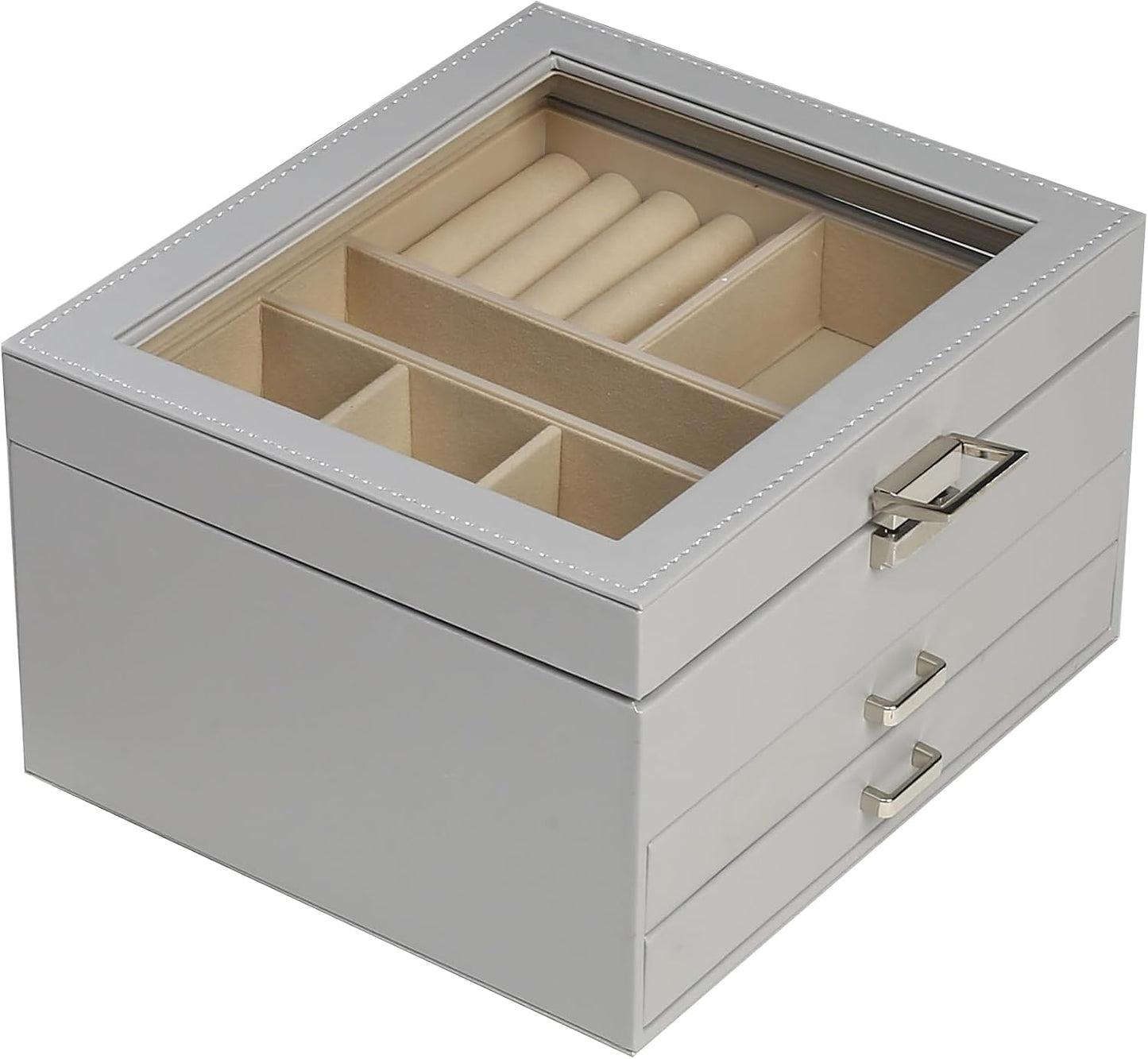 Caja joyería 3 capas con tapa transparente y 2 cajones