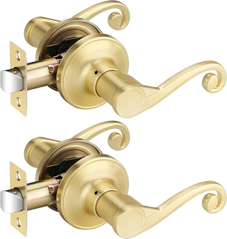 2 Manijas Puerta Doradas Palanca Latón Satinado
