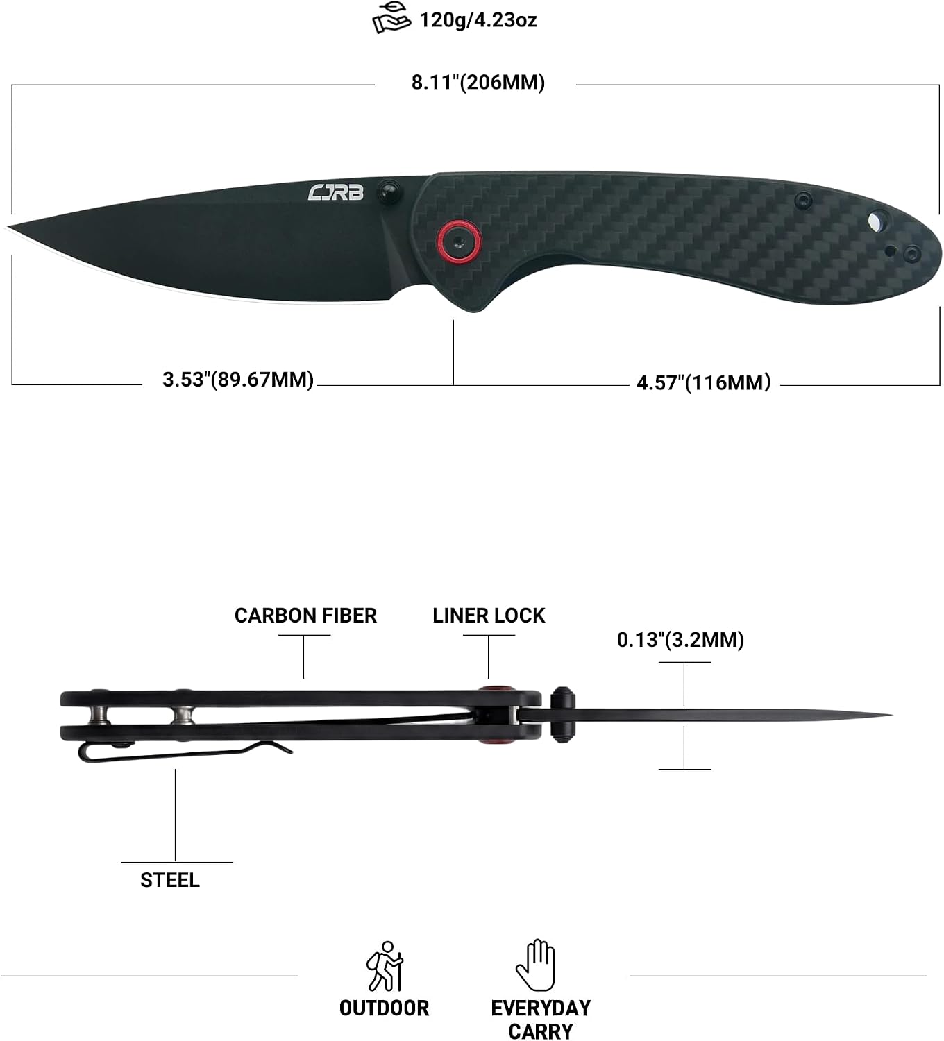 Cuchillo EDC acero en polvo negro PVD fibra carbono