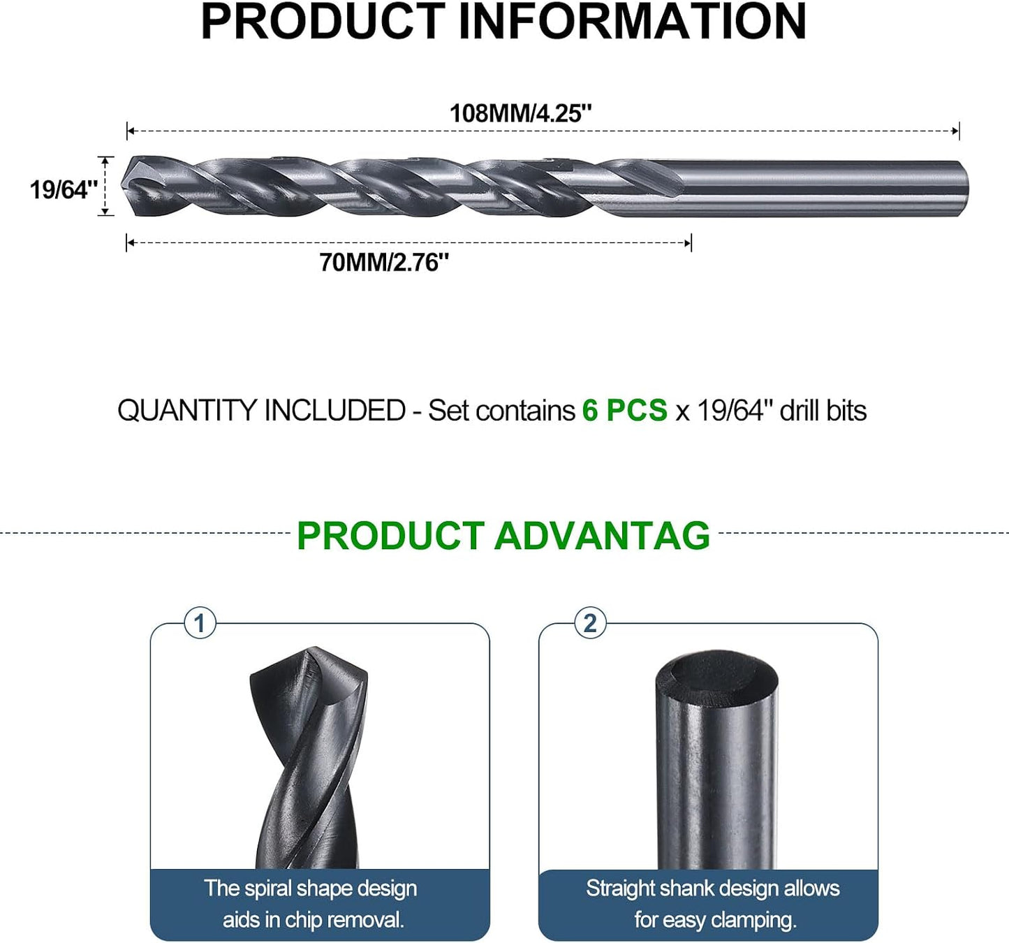 Broca acero alta velocidad 19/64pulg 6uds para inox hierro