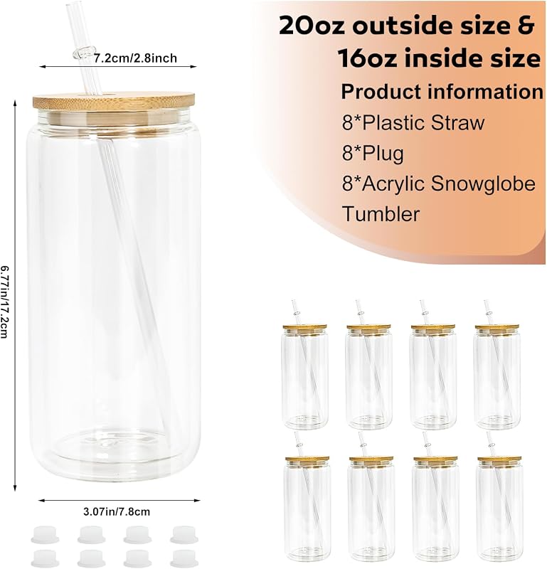 8 Vasos Acrílicos Nieve 20oz Con Tapa Bambú Popote