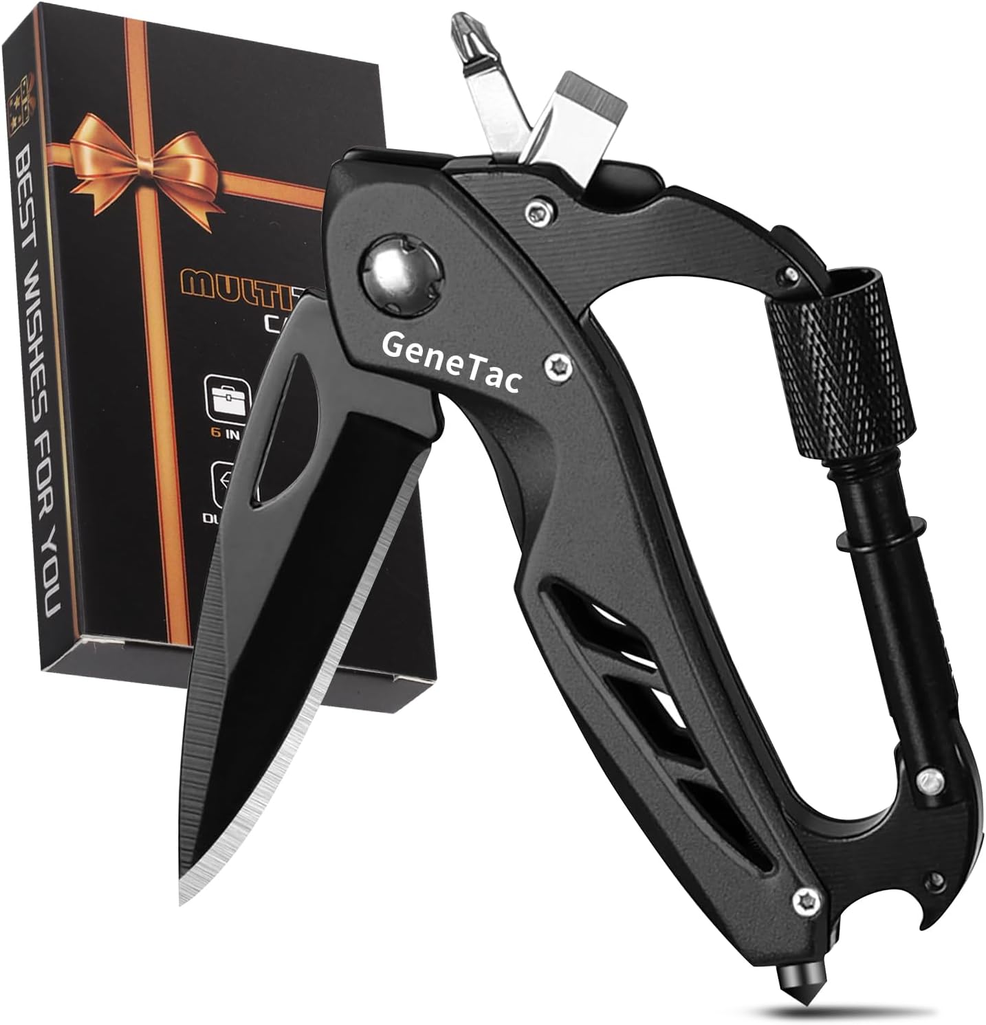 Mosquetón multiherramienta cuchillo abrebotellas EDC táctico negro