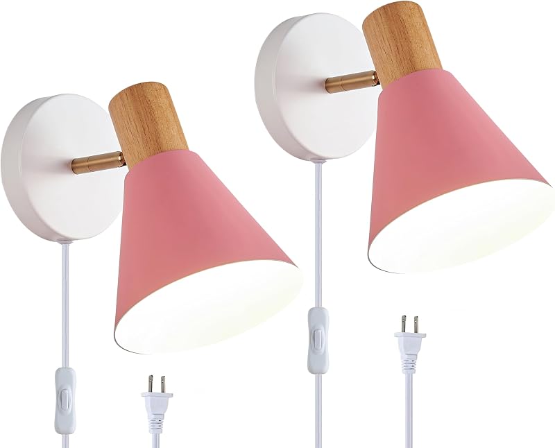 2 Lámparas Pared Madera con Enchufe Industrial Rosa