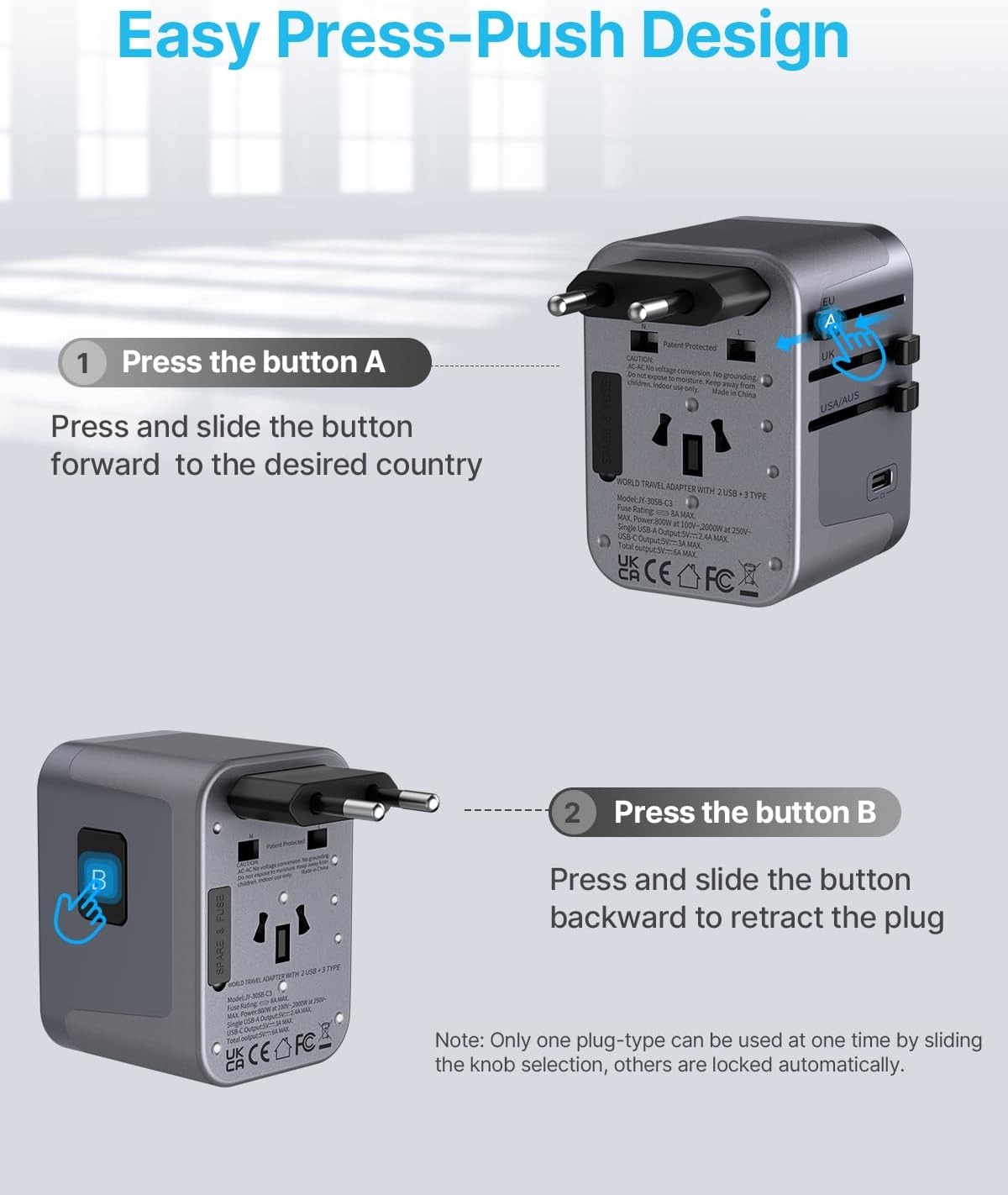 Adaptador viaje universal 6A 3 USB C 2 USB puertos