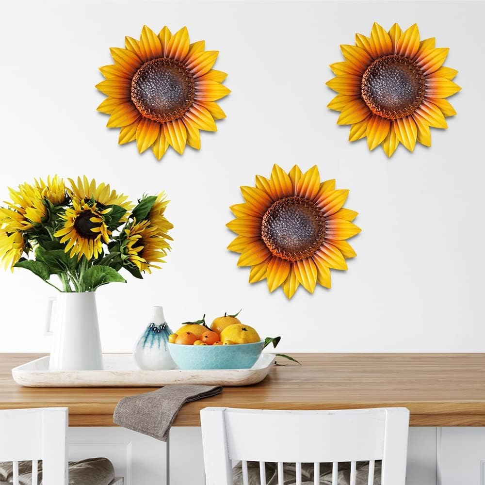 3 Pzas Decoración Pared Girasol Metal 9" para Cocina Baño