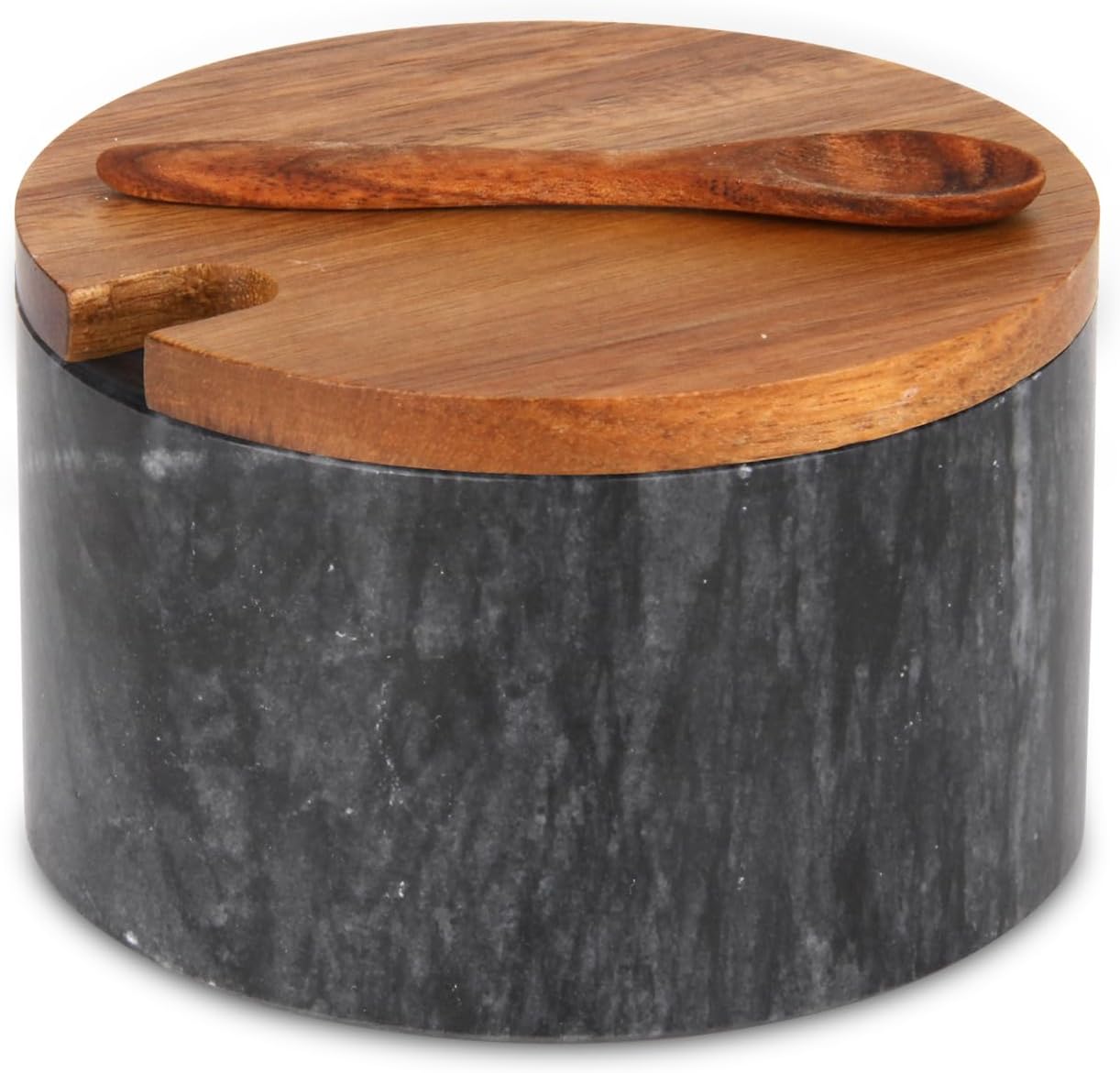 Caja sal mármol con tapa cuchara madera recipiente especias