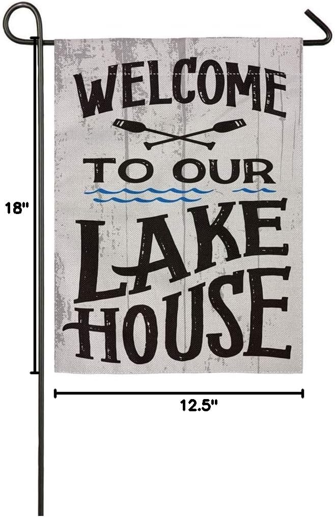 Bandera arpillera doble cara 12.5x18pulg welcome lake house