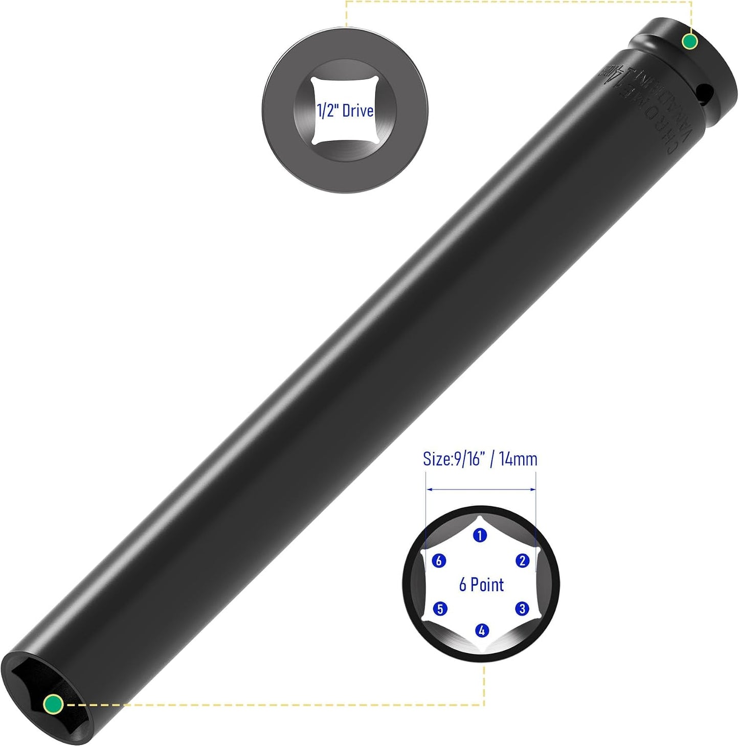 Set llaves impacto 1/2 14mm acero cr-v 8pulg 6 puntas