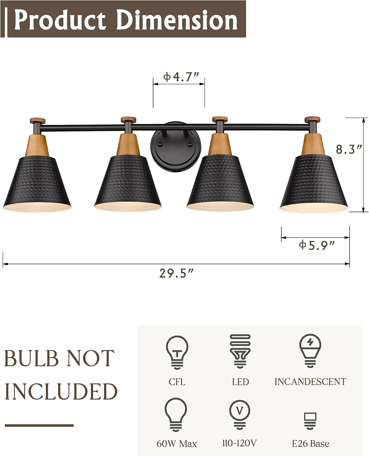 Lámpara baño 4 luces espejo metal martillado 4FG59B-4W BK