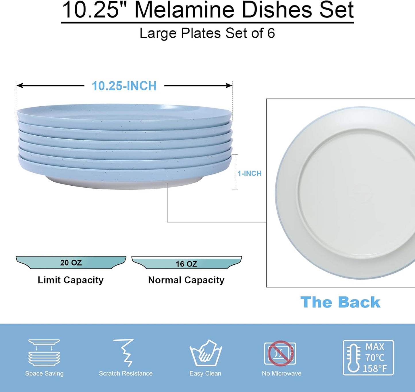 Set 6 Platos Melamina 10.25pulg Azul Beige Resistentes