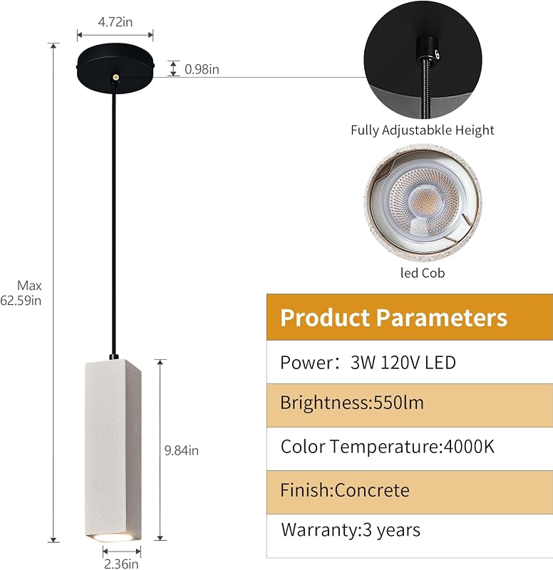 Lámpara colgante hormigón LED para cocina comedor isla