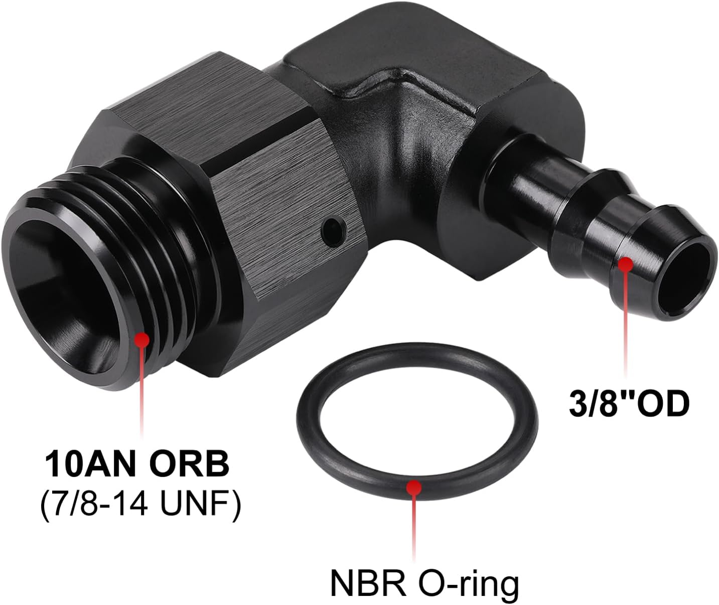Adaptador macho 3/8 púa manguera aluminio negro 90 grados