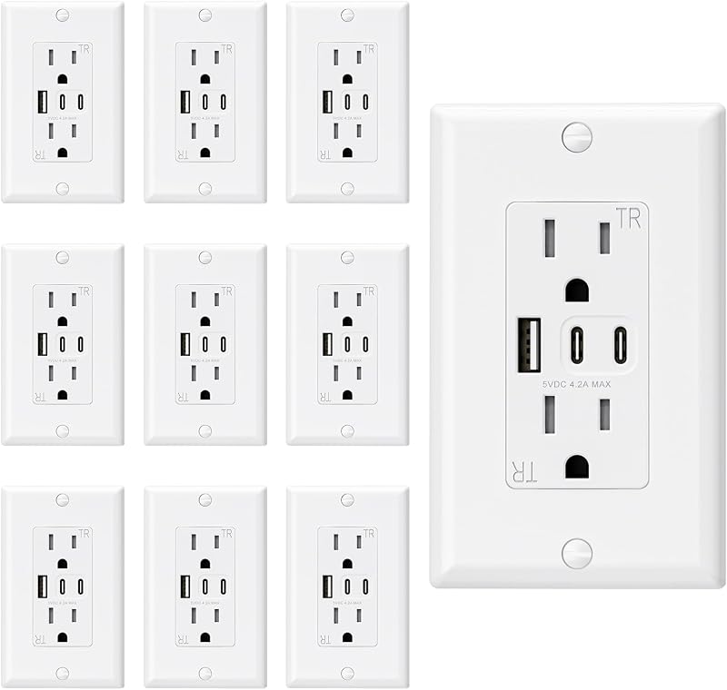 Tomacorrientes USB 15A con 3 puertos USB y USB C