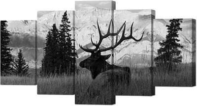 5 Paneles Arte Alce Blanco y Negro Estirado Enmarcado