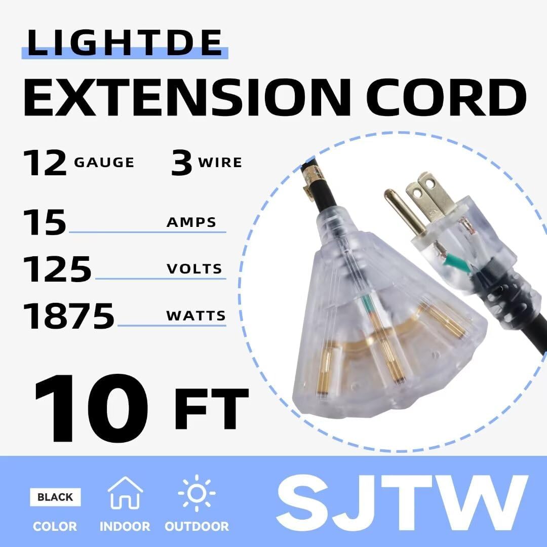 Cable extensión iluminado 10ft 3 tomas SJTW negro UL