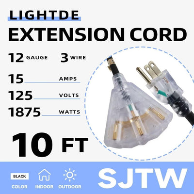 Cable extensión iluminado 10ft 3 tomas SJTW negro UL