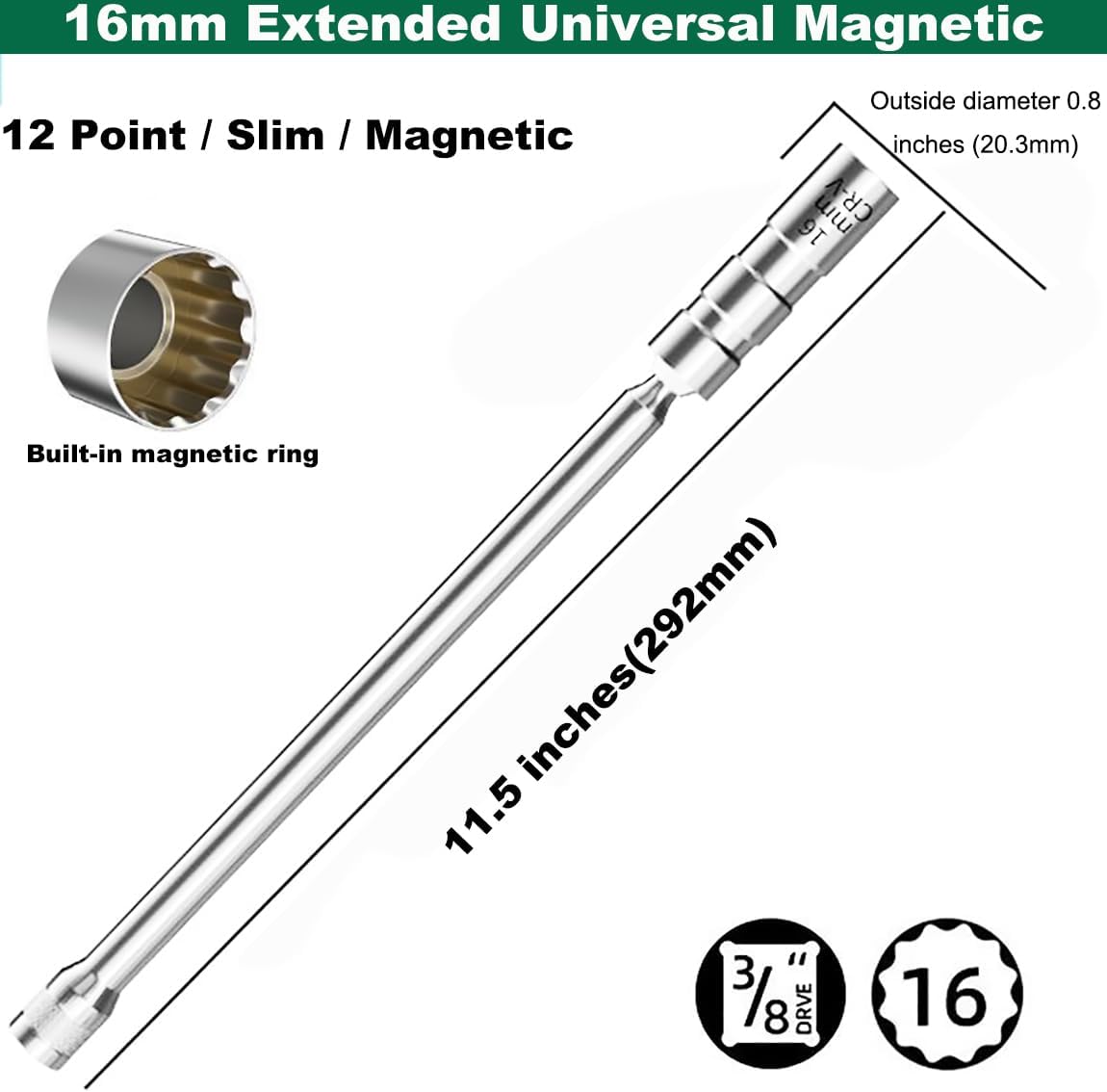 Bujía magnética pared delgada 16mm enchufe extendido 3/8