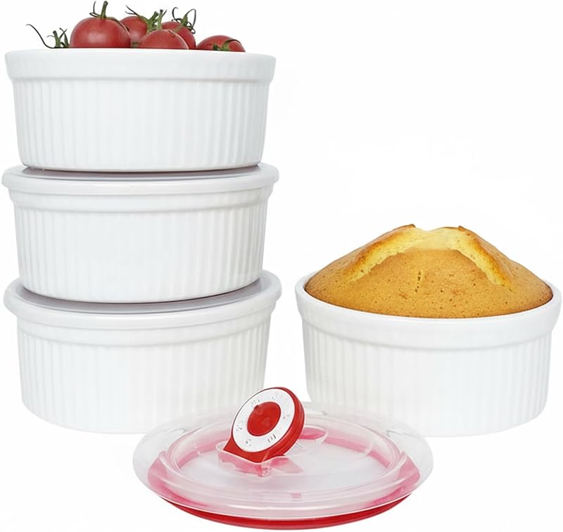 Set 4 Ramequines Cerámica 10oz con Tapas para Hornear