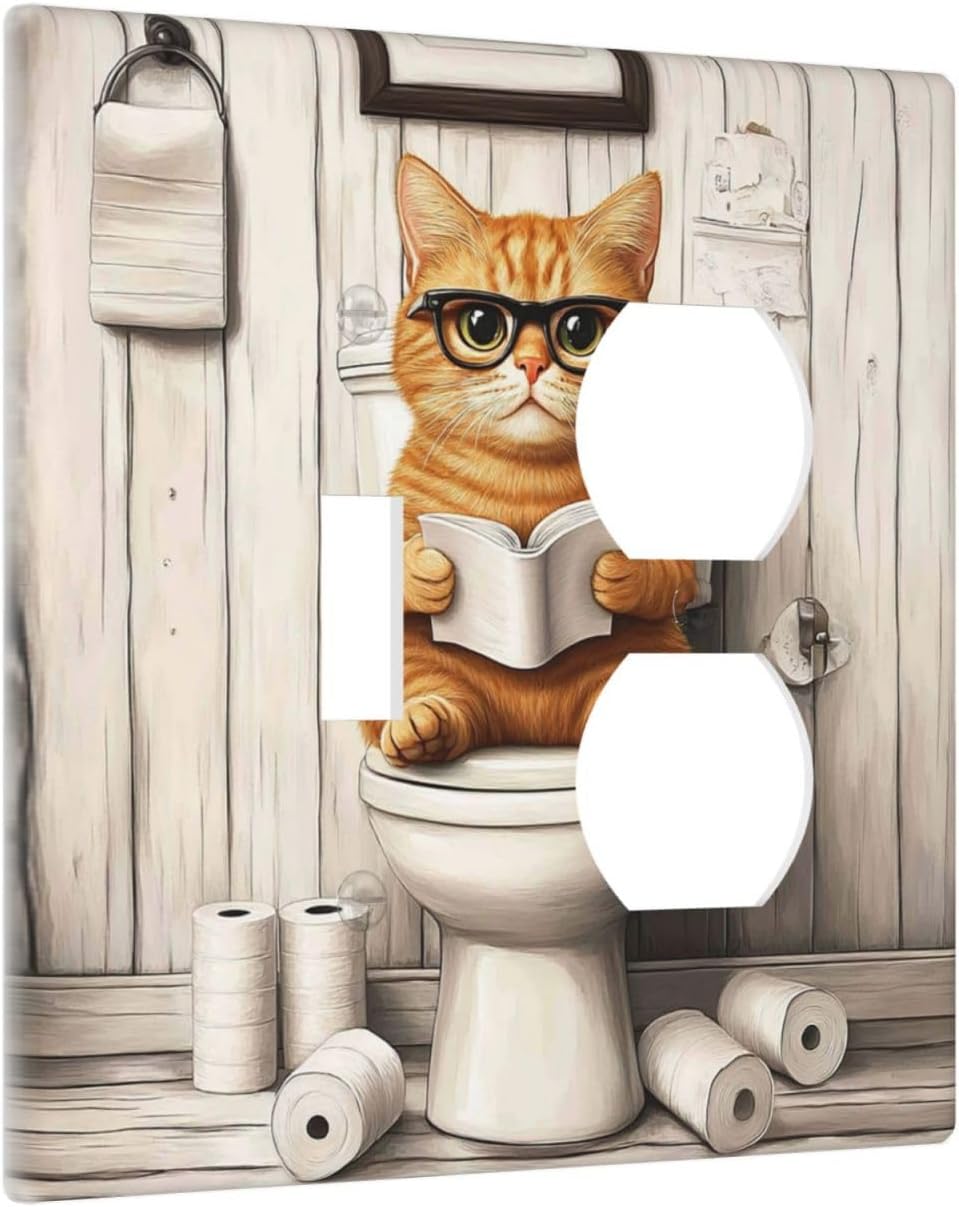Placa interruptor dúplex gato naranja madera decorativa