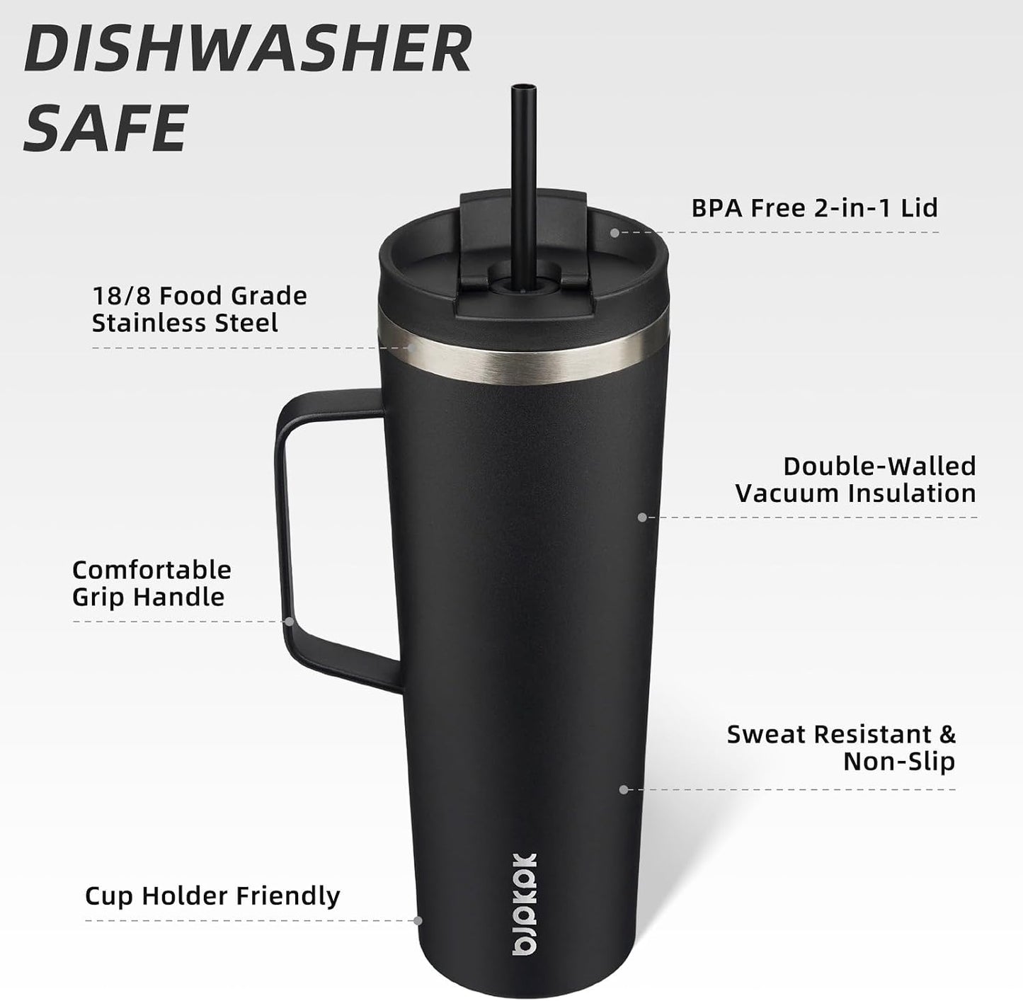 Vaso aislado acero inox con asa tapa pajilla color negro