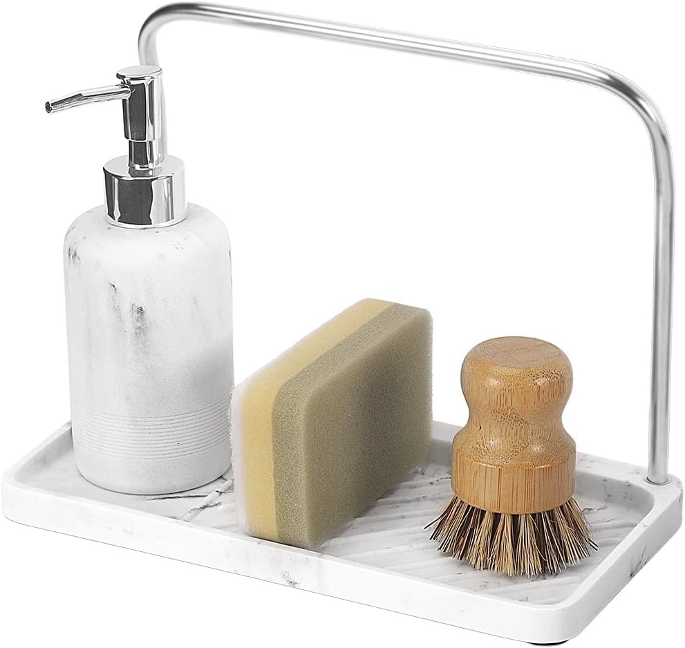 Soporte esponja acero inox dispensador jabón cepillos mármol blanco