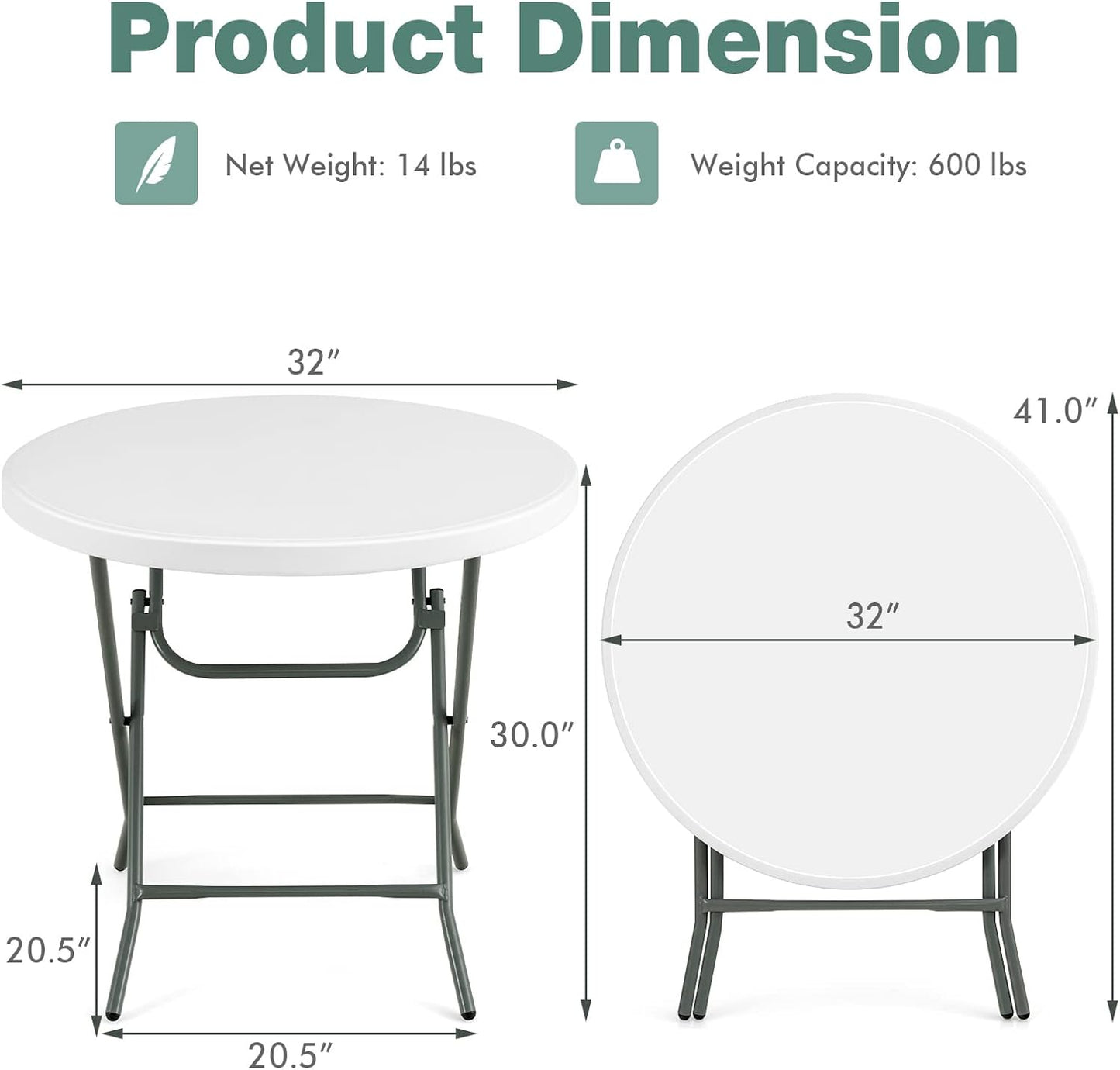 Mesa plegable redonda 32" plástico para picnic fiesta