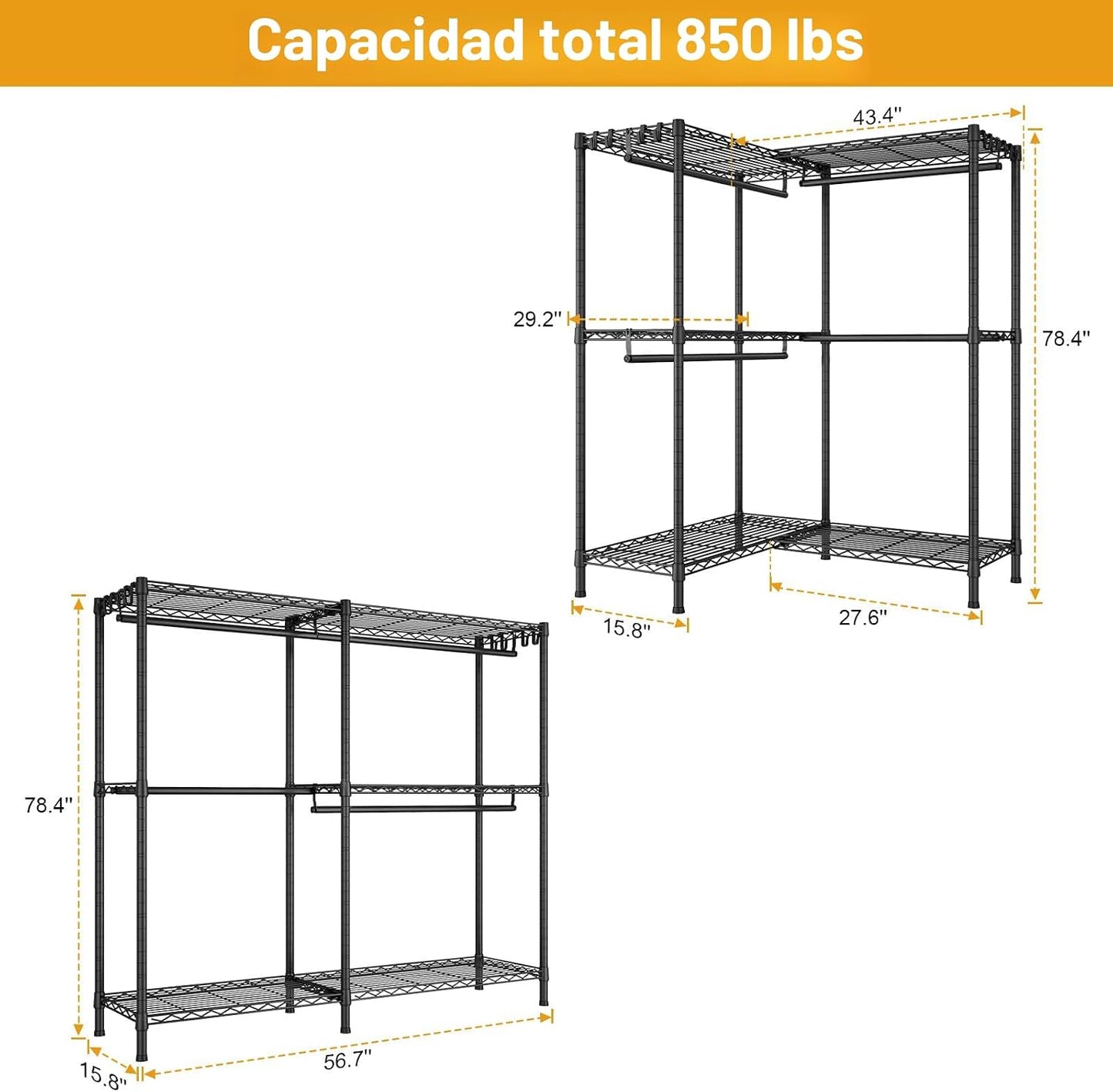 Perchero forma L esquina 4 varillas 8 ganchos 43.4pulg
