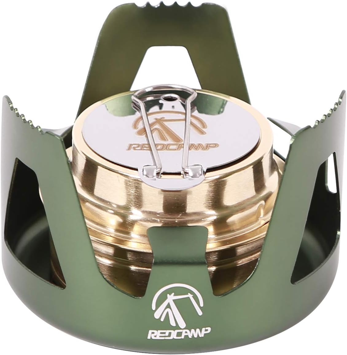 Mini estufa alcohol latón soporte aluminio camping verde